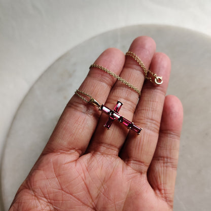 Natural Rhodolite Garnet Pendant, 14K Solid Yellow Gold Pendant, Holy Cross Garnet Pendant, January Birthstone Pendant, Christmas Present