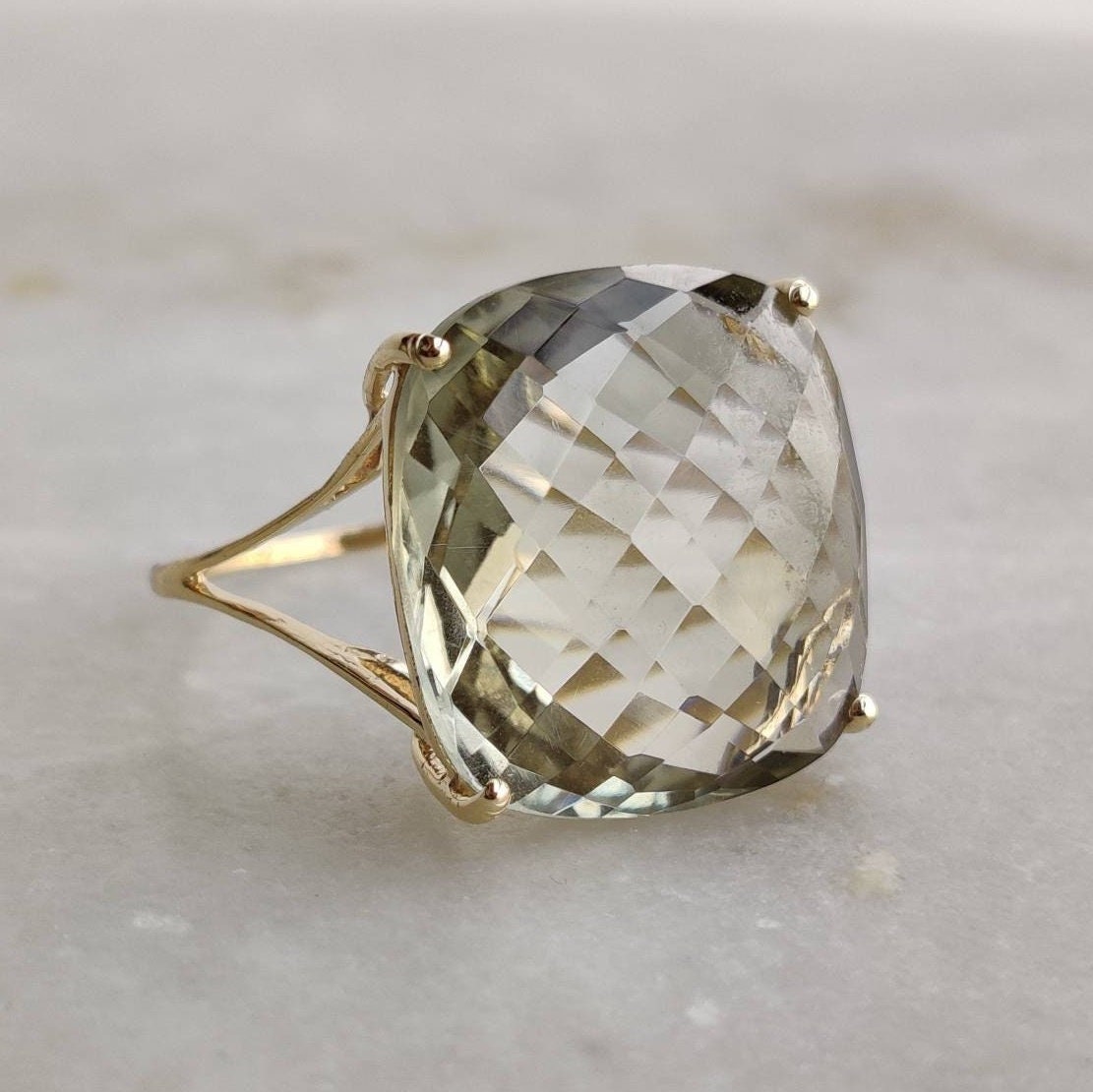 Natural Green Amethyst Ring, 14K Solid Yellow Gold Green Amethyst Ring, February  Birthstone, Prong Ring, Square Ring, Christmas Present