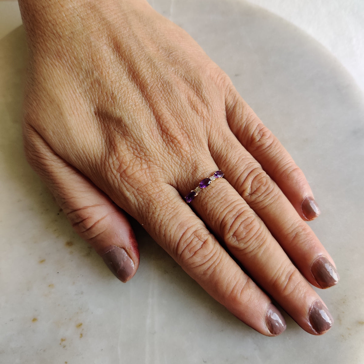14K Solid Yellow Gold Natural Purple Amethyst & Diamond Ring, February Birthstone