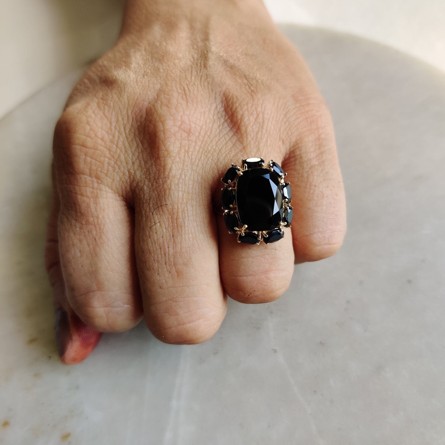 Natural Black Onyx Ring, 14K Solid Yellow Gold Black Spinel Ring, December Birthstone Ring, Cocktail Ring, Spinel Jewelry, Birthday Present