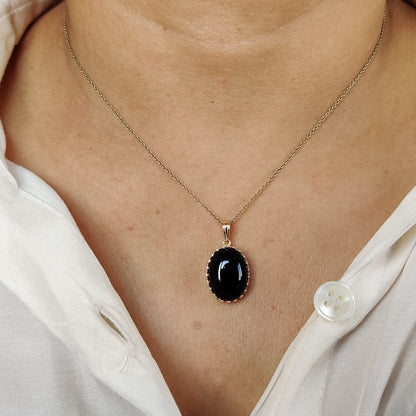 Natural Black Onyx Pendant, 14K Solid Yellow Gold Black Onyx Pendant, December Birthstone Pendant, Crown Bezel Pendant, Christmas Present