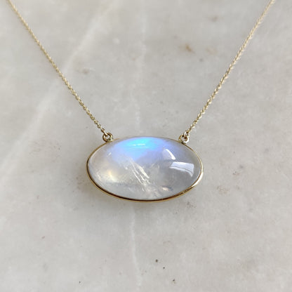 Natural Rainbow Moonstone Necklace, 14K Solid Gold Moonstone Pendant, Yellow Gold Chain Necklace, Blue Moonstone Jewelry, June Birthstone