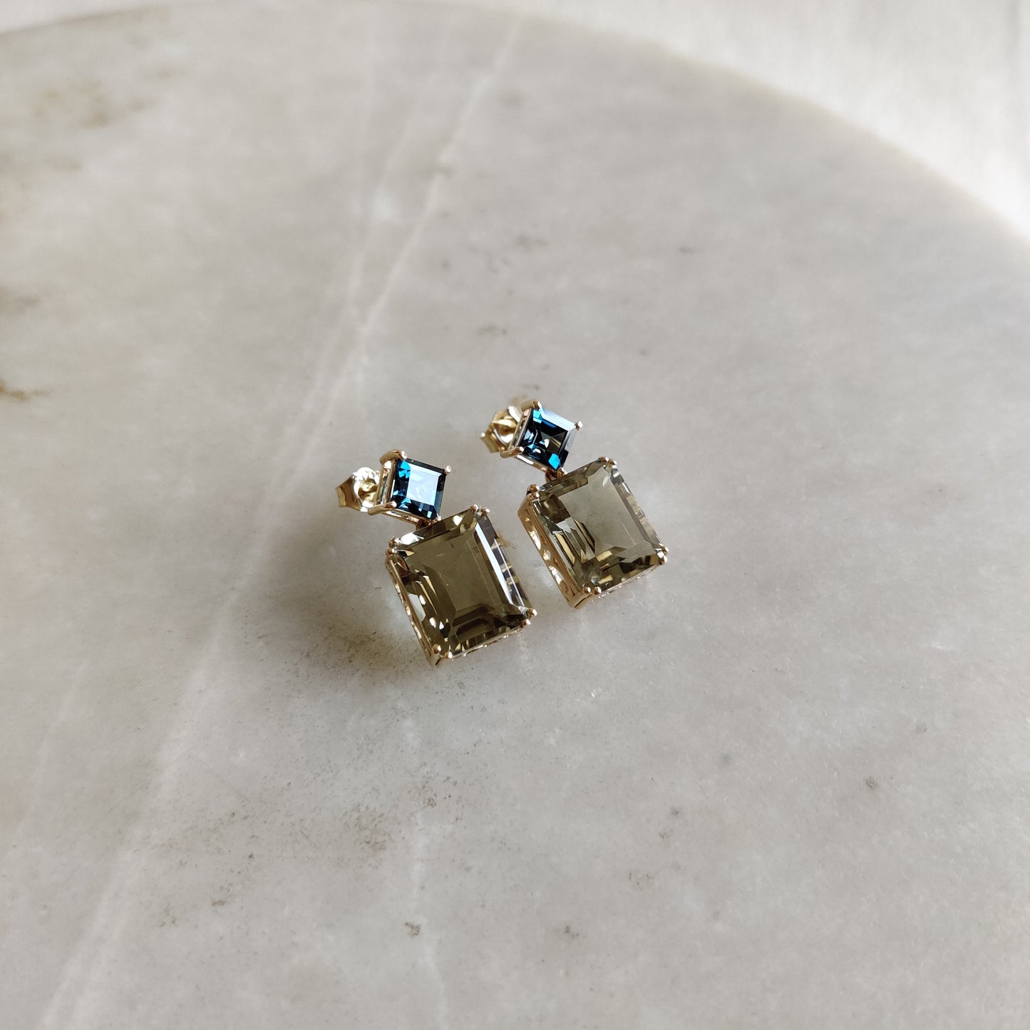 Natural London Blue Topaz & Green Amethyst Topaz Earrings, 14K Solid Yellow Gold Amethyst Earrings, Birthstone Earrings, Gold Post Earrings