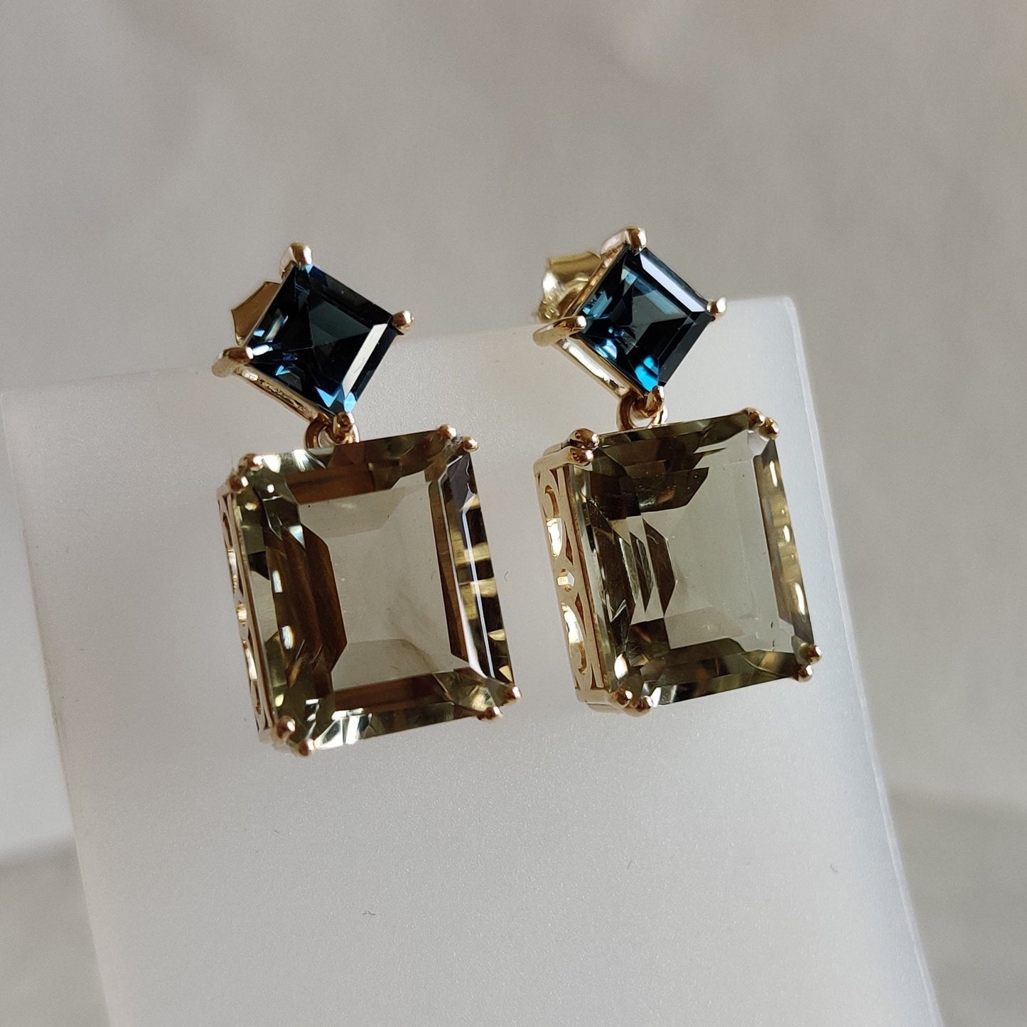 Natural London Blue Topaz & Green Amethyst Topaz Earrings, 14K Solid Yellow Gold Amethyst Earrings, Birthstone Earrings, Gold Post Earrings