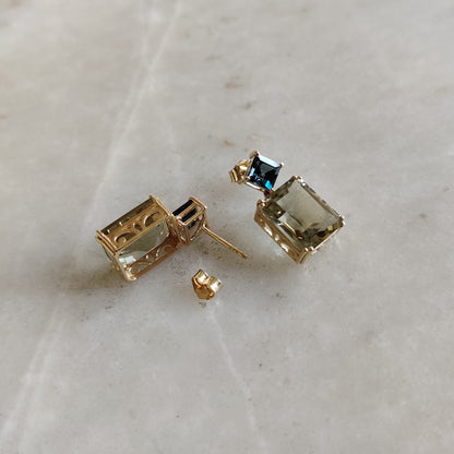 Natural London Blue Topaz & Green Amethyst Topaz Earrings, 14K Solid Yellow Gold Amethyst Earrings, Birthstone Earrings, Gold Post Earrings