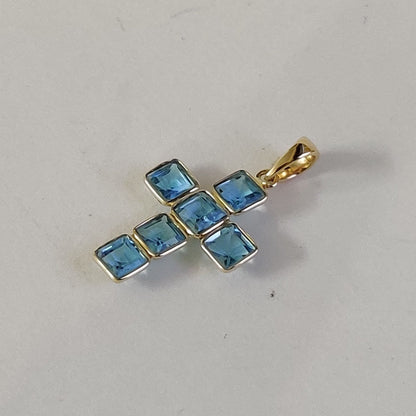 Natural Swiss Blue Topaz Cross Pendant, 14K Solid Yellow Gold Pendant, Topaz Cross Pendant, December Birthstone, Holy Cross Pendant