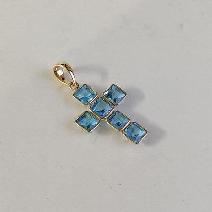 Natural Swiss Blue Topaz Cross Pendant, 14K Solid Yellow Gold Pendant, Topaz Cross Pendant, December Birthstone, Holy Cross Pendant