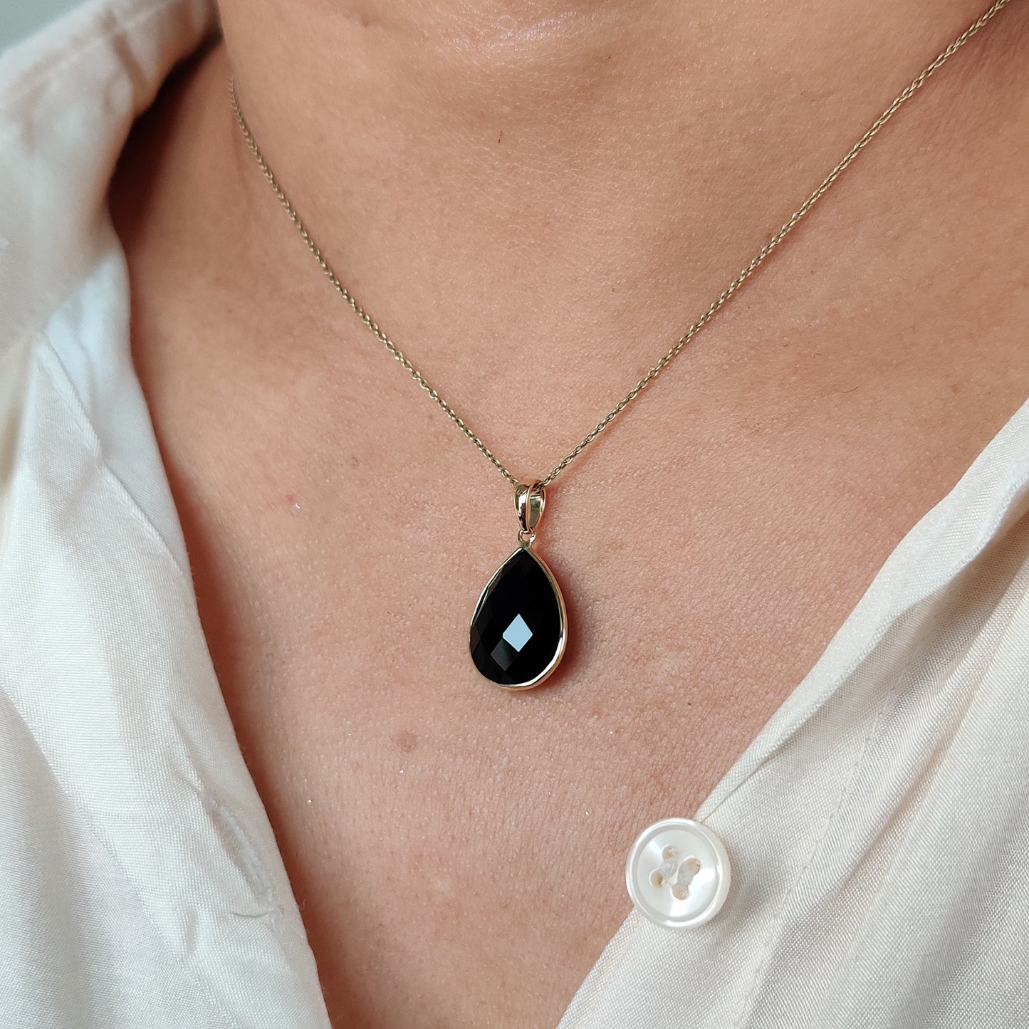 Natural Black Onyx Pendant, 14K Solid Yellow Gold Black Onyx Pendant, December Birthstone, Bezel Pendant, Checker Cut Black Onyx Pendant