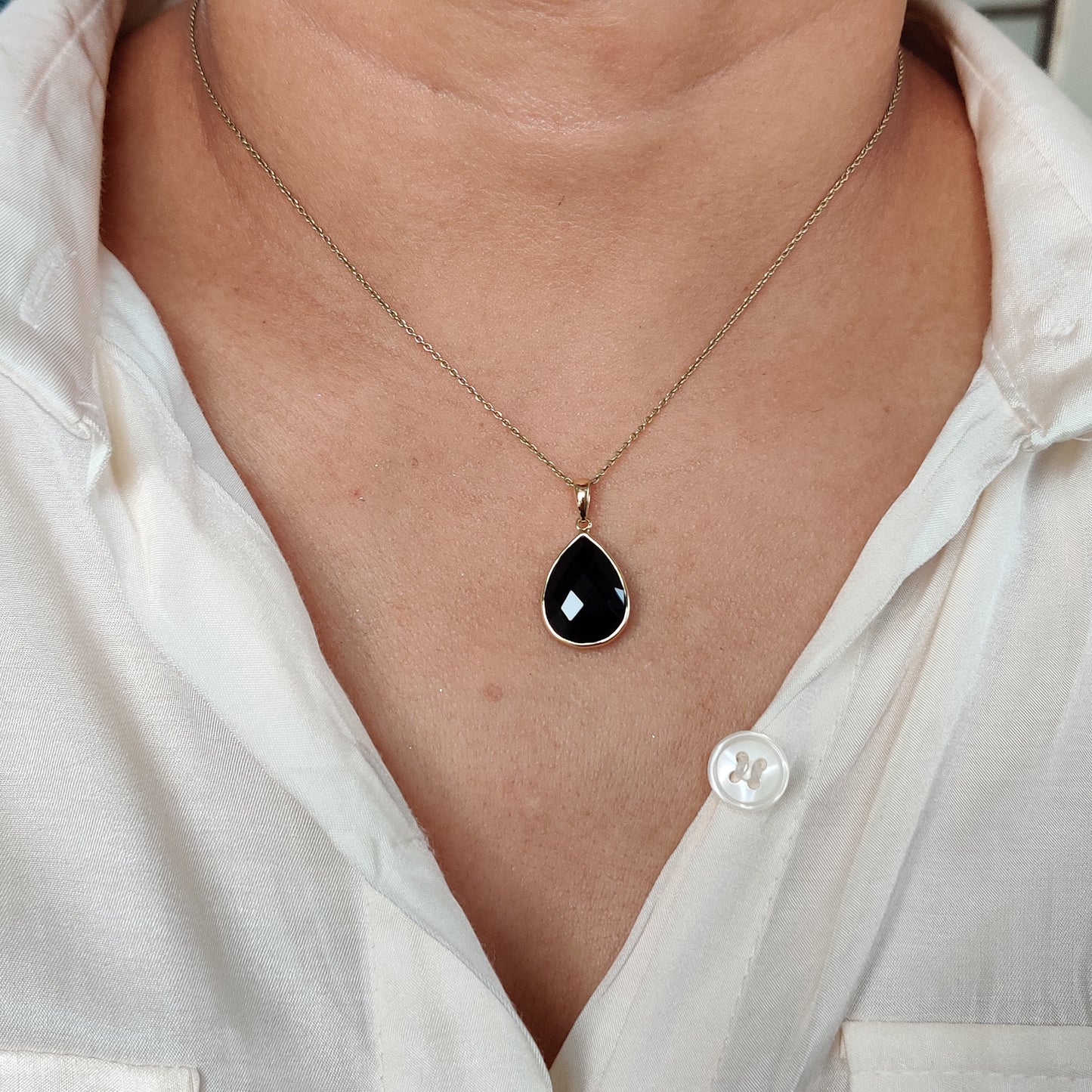 Natural Black Onyx Pendant, 14K Solid Yellow Gold Black Onyx Pendant, December Birthstone, Bezel Pendant, Checker Cut Black Onyx Pendant