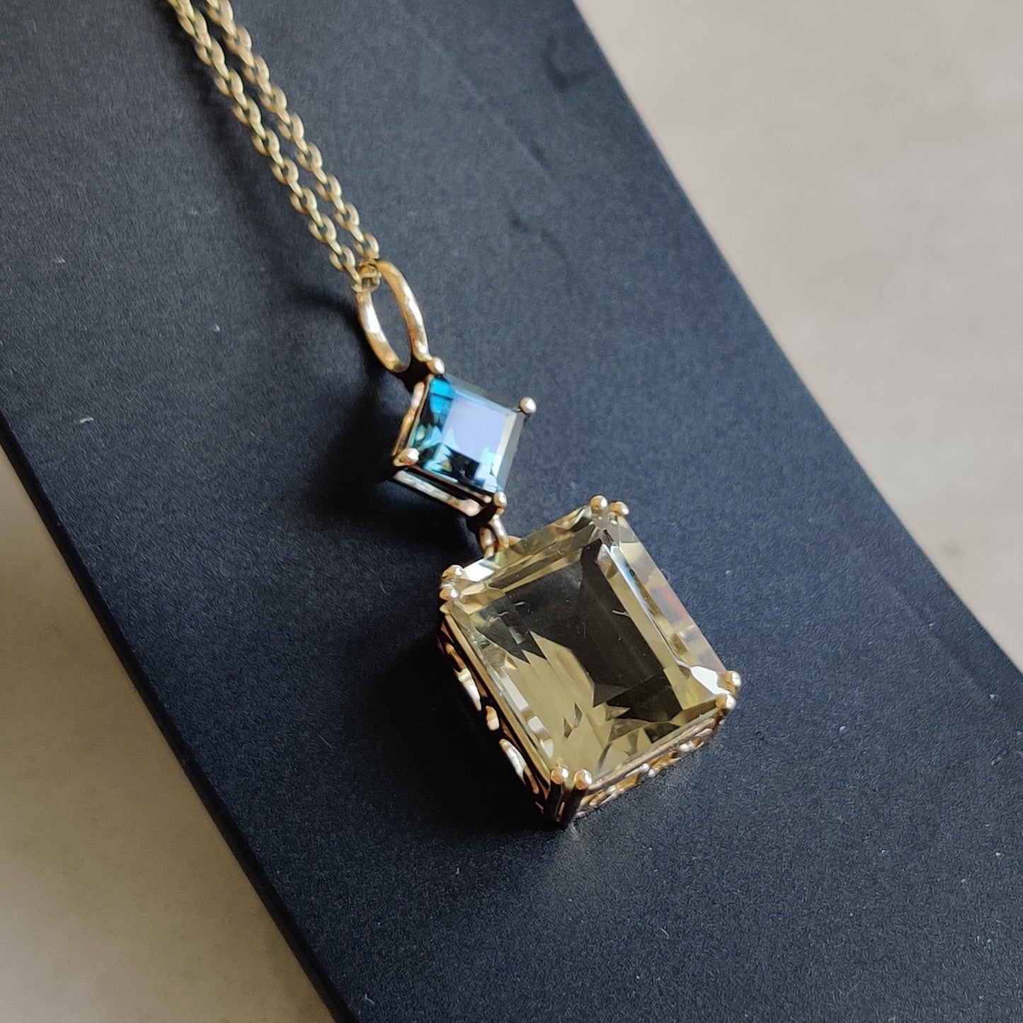 Natural London Blue Topaz and Green Amethyst Pendant, Gemstone Pendant Set in 14K Solid Yellow Gold Pendant, February Birthstone Pendant