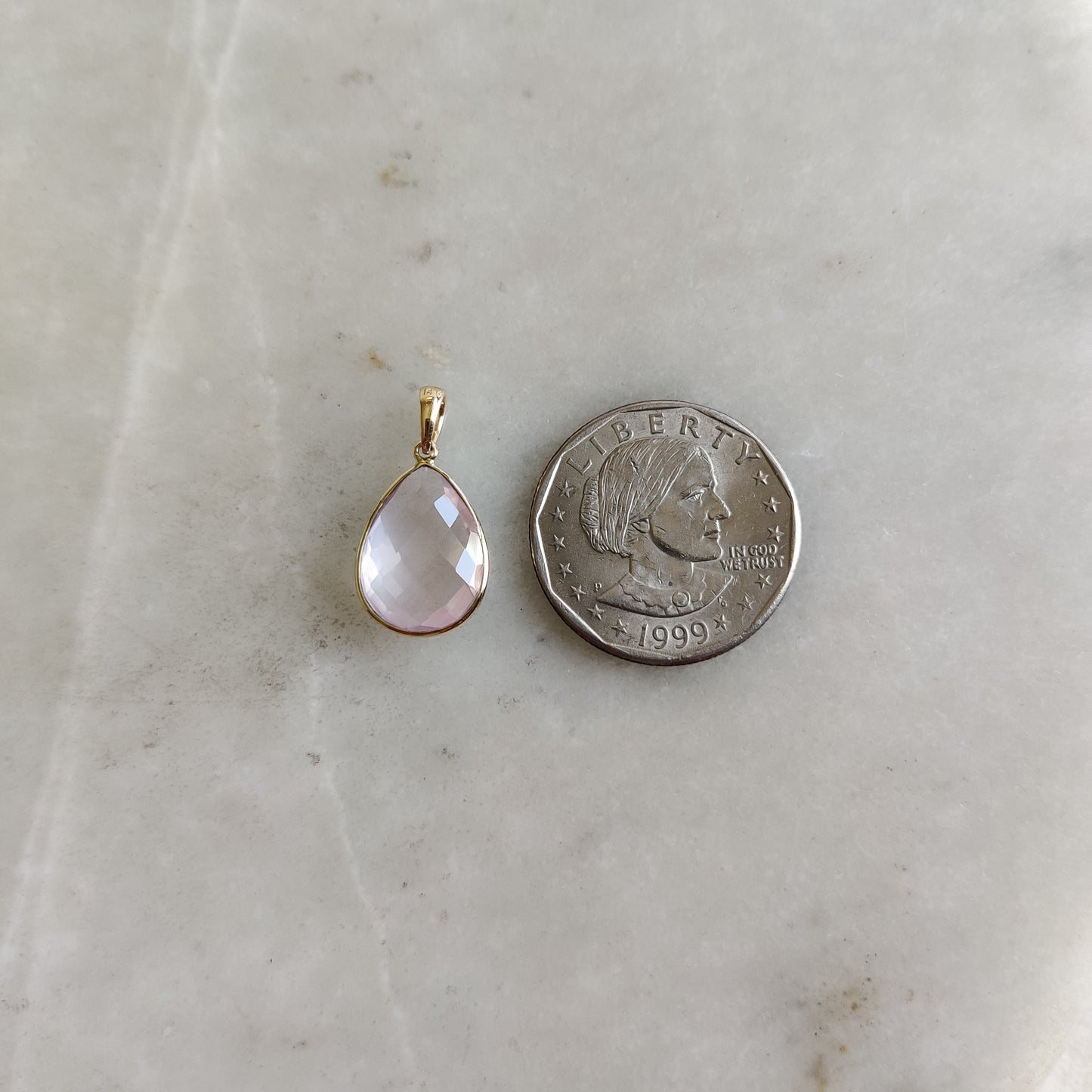 Natural Rose Quartz Pendant, Quartz Pendant Set in 14K Solid Yellow Gold Pendant, January Birthstone Pendant, Pear Checker Cut Pendant