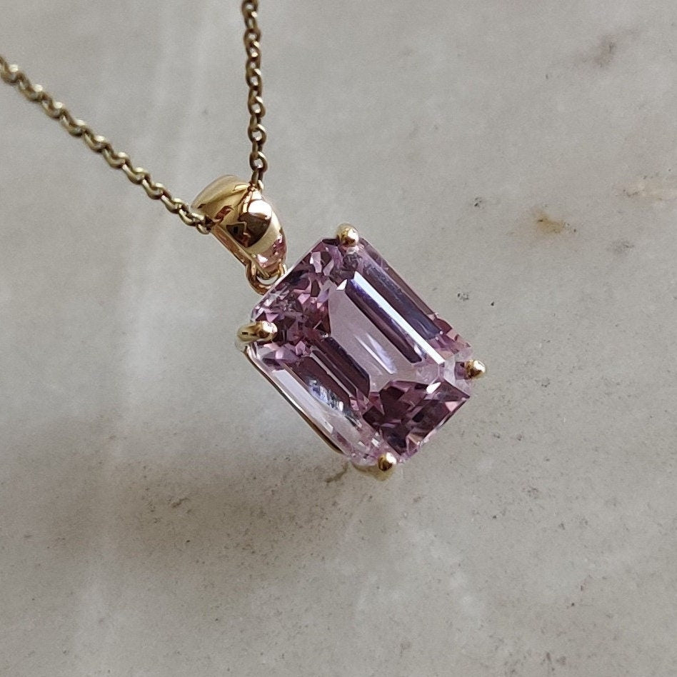 Natural Kunzite Pendant, 14K Solid Yellow Gold Kunzite Prong Pendant, October Birthstone Pendant, AAA Kunzite Pendant, Kunzite Jewelry