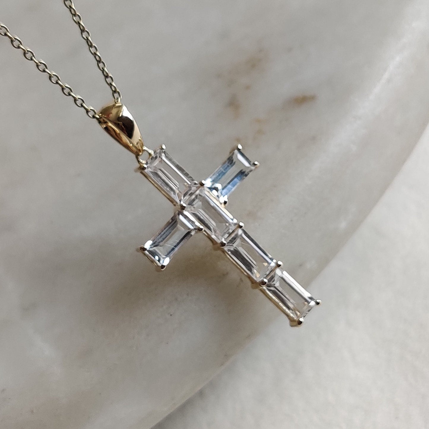 Natural White Topaz Pendant, 14K Solid Yellow Gold Pendant, Holy Cross White Topaz Pendant, April Birthstone Pendant, Christmas Gift