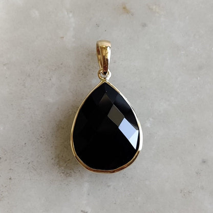 Natural Black Onyx Pendant, 14K Solid Yellow Gold Black Onyx Pendant, December Birthstone, Bezel Pendant, Checker Cut Black Onyx Pendant