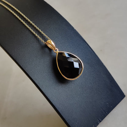 Natural Black Onyx Pendant, 14K Solid Yellow Gold Black Onyx Pendant, December Birthstone, Bezel Pendant, Checker Cut Black Onyx Pendant