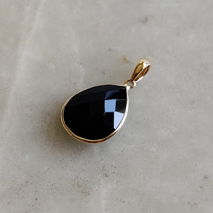 Natural Black Onyx Pendant, 14K Solid Yellow Gold Black Onyx Pendant, December Birthstone, Bezel Pendant, Checker Cut Black Onyx Pendant