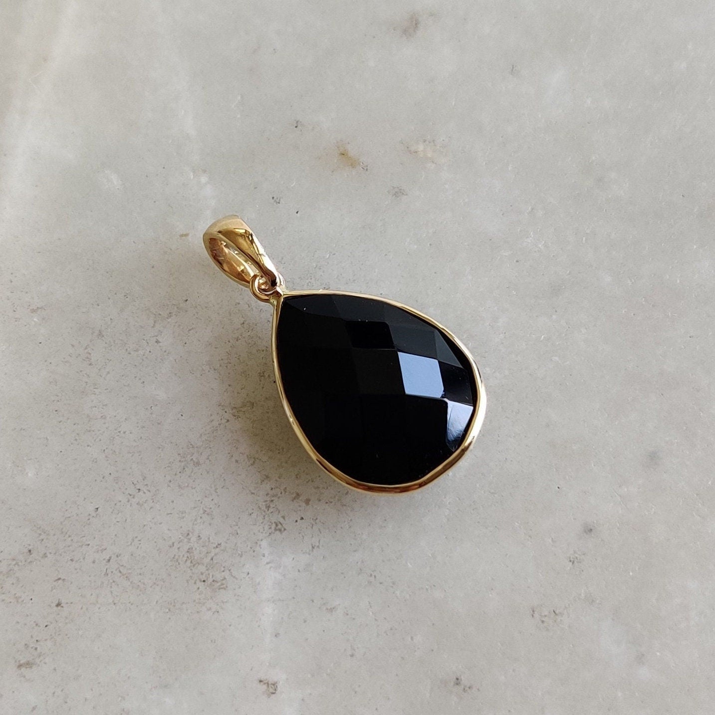 Natural Black Onyx Pendant, 14K Solid Yellow Gold Black Onyx Pendant, December Birthstone, Bezel Pendant, Checker Cut Black Onyx Pendant