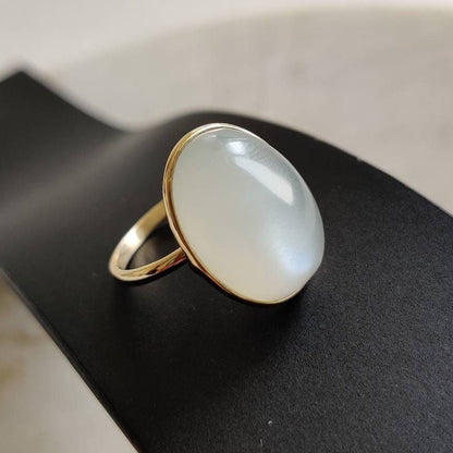 Natural White Moonstone Ring, 14K Solid Yellow Gold Ring, White Moonstone Jewelry, June Birthstone Ring, Christmas Gift, Bezel Ring