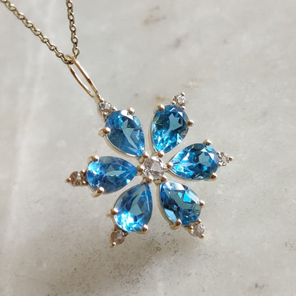 Natural Sky Blue Topaz & White Topaz Pendant, Blue Topaz Pendant in 14K Solid Yellow Gold, December Birthstone, Dainty Flower Pendant