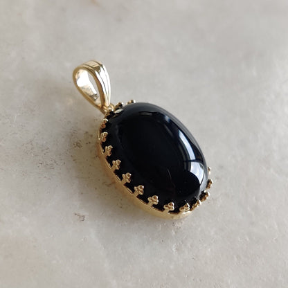 Natural Black Onyx Pendant, 14K Solid Yellow Gold Black Onyx Pendant, December Birthstone Pendant, Crown Bezel Pendant, Christmas Present