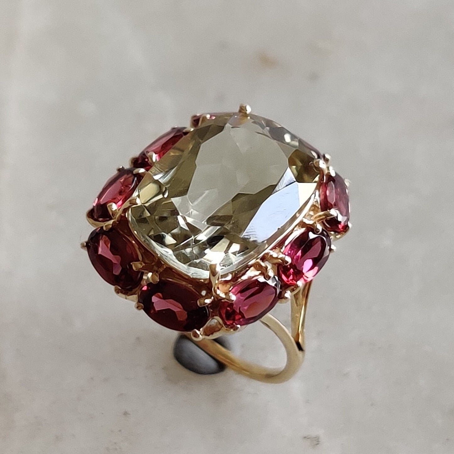 Natural Green Amethyst & Rhodolite Garnet Ring, Statement Ring In 14K Solid Yellow Gold, February Birthstone, Cocktail Multi-Stone Ring