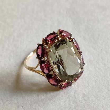 Natural Green Amethyst & Rhodolite Garnet Ring, Statement Ring In 14K Solid Yellow Gold, February Birthstone, Cocktail Multi-Stone Ring