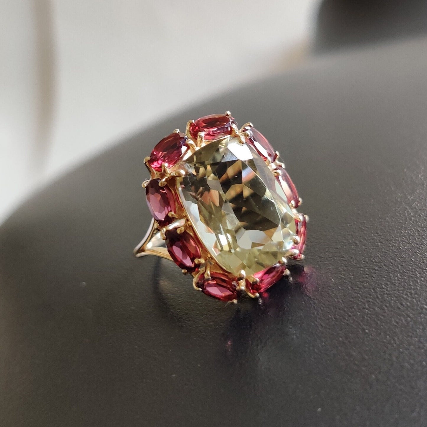 Natural Green Amethyst & Rhodolite Garnet Ring, Statement Ring In 14K Solid Yellow Gold, February Birthstone, Cocktail Multi-Stone Ring