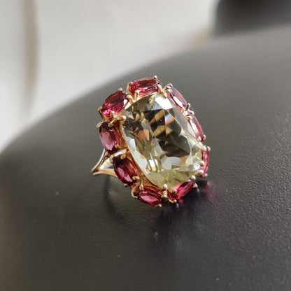 Natural Green Amethyst & Rhodolite Garnet Ring, Statement Ring In 14K Solid Yellow Gold, February Birthstone, Cocktail Multi-Stone Ring