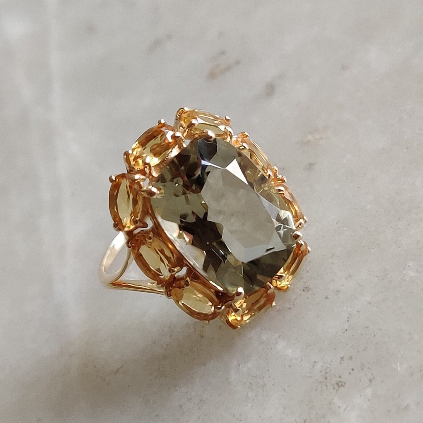 Natural Green Amethyst & Citrine Ring, 14K Solid Yellow Gold Ring, February November Birthstone Ring, Multi Stone Ring, Cocktail Ring