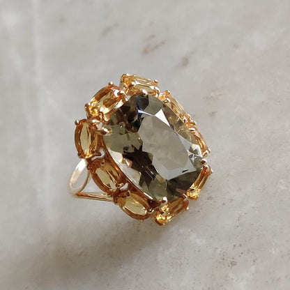 Natural Green Amethyst & Citrine Ring, 14K Solid Yellow Gold Ring, February November Birthstone Ring, Multi Stone Ring, Cocktail Ring