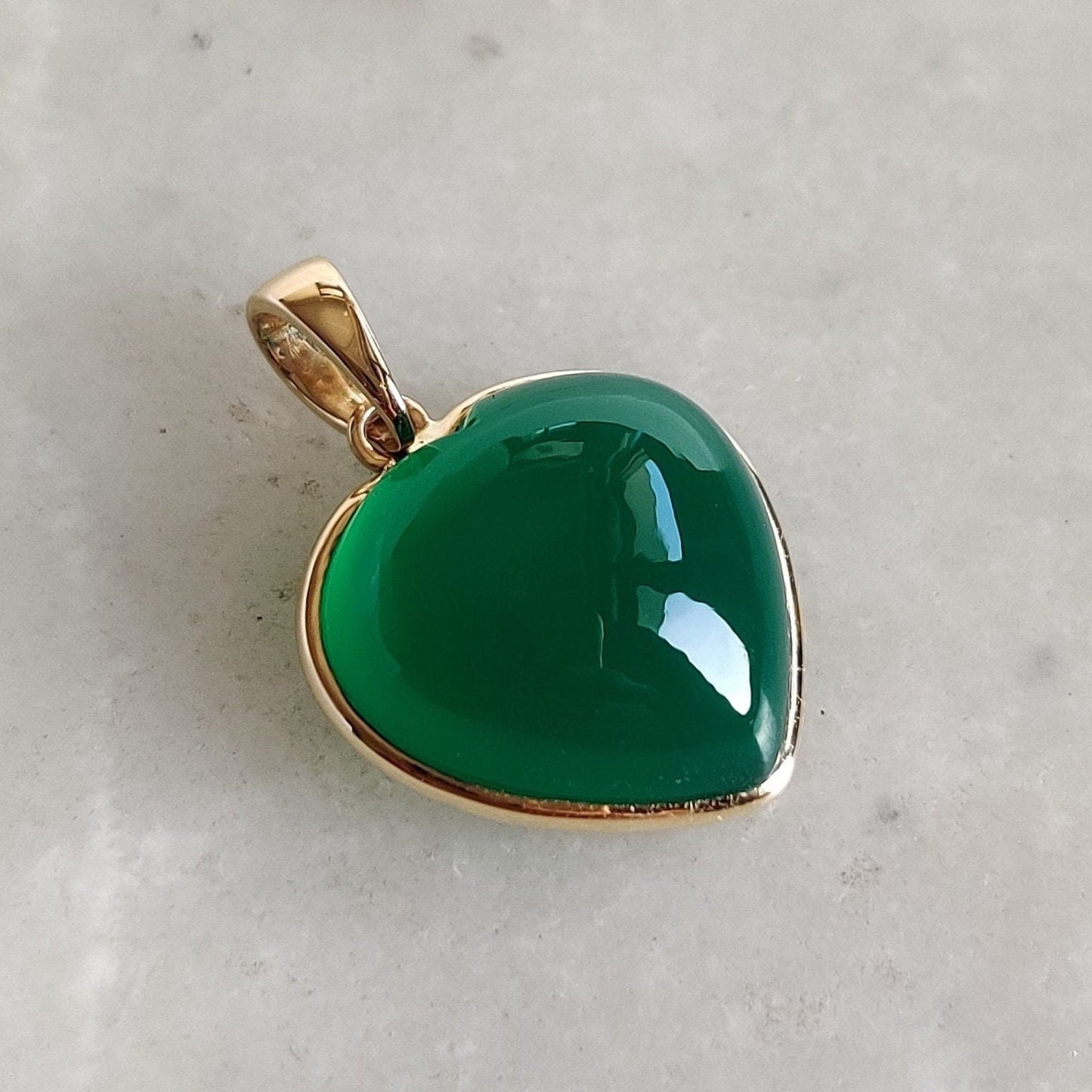 Natural Green Onyx Pendant, 14K Solid Yellow Gold Green Onyx Pendant, Bezel Pendant , May Birthstone Pendant, Heart Pendant, Onyx Jewelry