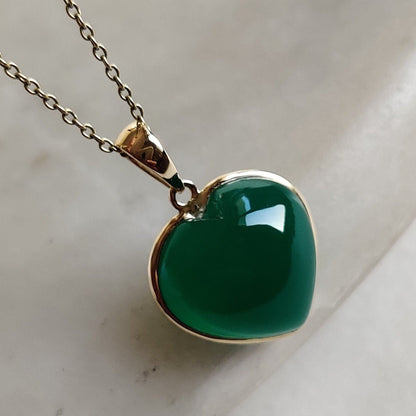 Natural Green Onyx Pendant, 14K Solid Yellow Gold Green Onyx Pendant, Bezel Pendant , May Birthstone Pendant, Heart Pendant, Onyx Jewelry