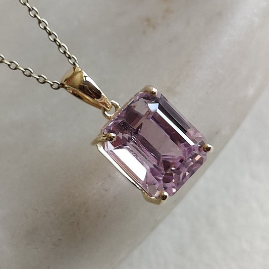 Natural Kunzite Pendant, 14K Solid Yellow Gold Kunzite Prong Pendant, October Birthstone Pendant, AAA Kunzite Pendant, Kunzite Jewelry