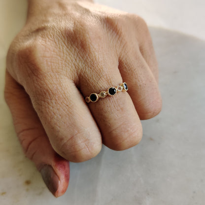 Natural Black Spinel & White Topaz Ring, 14K Solid Yellow Gold Ring, November December Birthstone Ring, Stackable Gemstone Ring, Dainty Ring