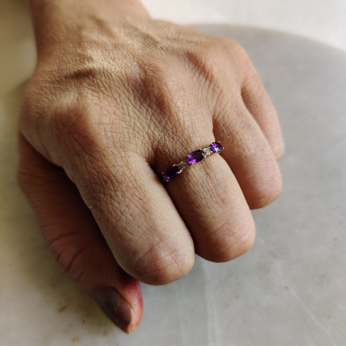14K Solid Yellow Gold Natural Purple Amethyst & Diamond Ring, February Birthstone