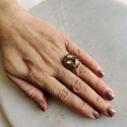 Natural Green Amethyst & Rhodolite Garnet Ring, Statement Ring In 14K Solid Yellow Gold, February Birthstone, Cocktail Multi-Stone Ring