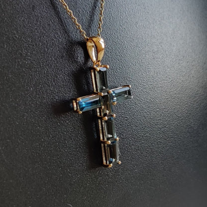 Natural London Blue Topaz Cross Pendant, 14K Solid Yellow Gold Pendant, Blue Topaz Holy Cross Pendant, December Birthstone Pendant