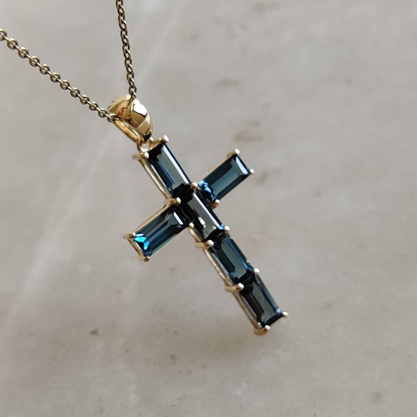 Natural London Blue Topaz Cross Pendant, 14K Solid Yellow Gold Pendant, Blue Topaz Holy Cross Pendant, December Birthstone Pendant