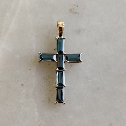 Natural London Blue Topaz Cross Pendant, 14K Solid Yellow Gold Pendant, Blue Topaz Holy Cross Pendant, December Birthstone Pendant