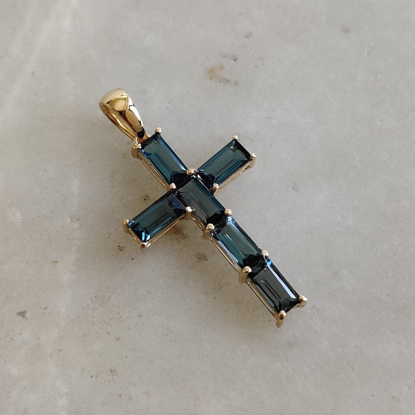 Natural London Blue Topaz Cross Pendant, 14K Solid Yellow Gold Pendant, Blue Topaz Holy Cross Pendant, December Birthstone Pendant