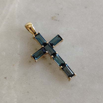 Natural London Blue Topaz Cross Pendant, 14K Solid Yellow Gold Pendant, Blue Topaz Holy Cross Pendant, December Birthstone Pendant