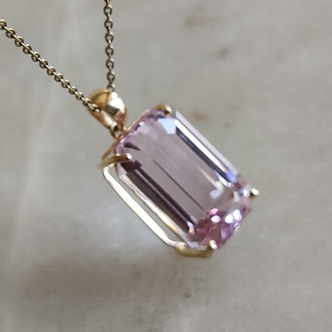 Natural Kunzite Pendant, 14K Solid Yellow Gold Kunzite Pendant, Prong Pendant, October Birthstone, Christmas Gift, Kunzite Jewelry