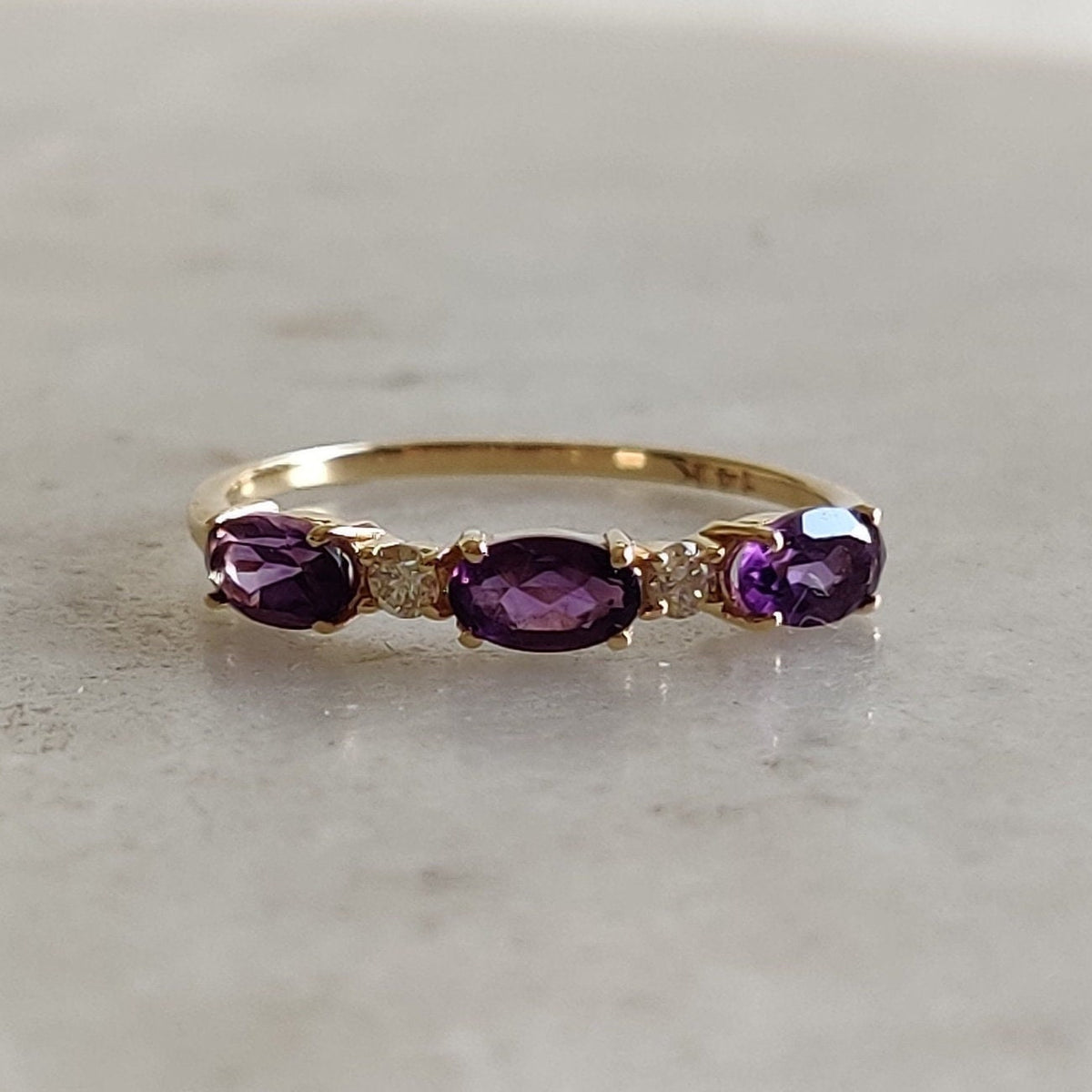 14K Solid Yellow Gold Natural Purple Amethyst & Diamond Ring, February Birthstone