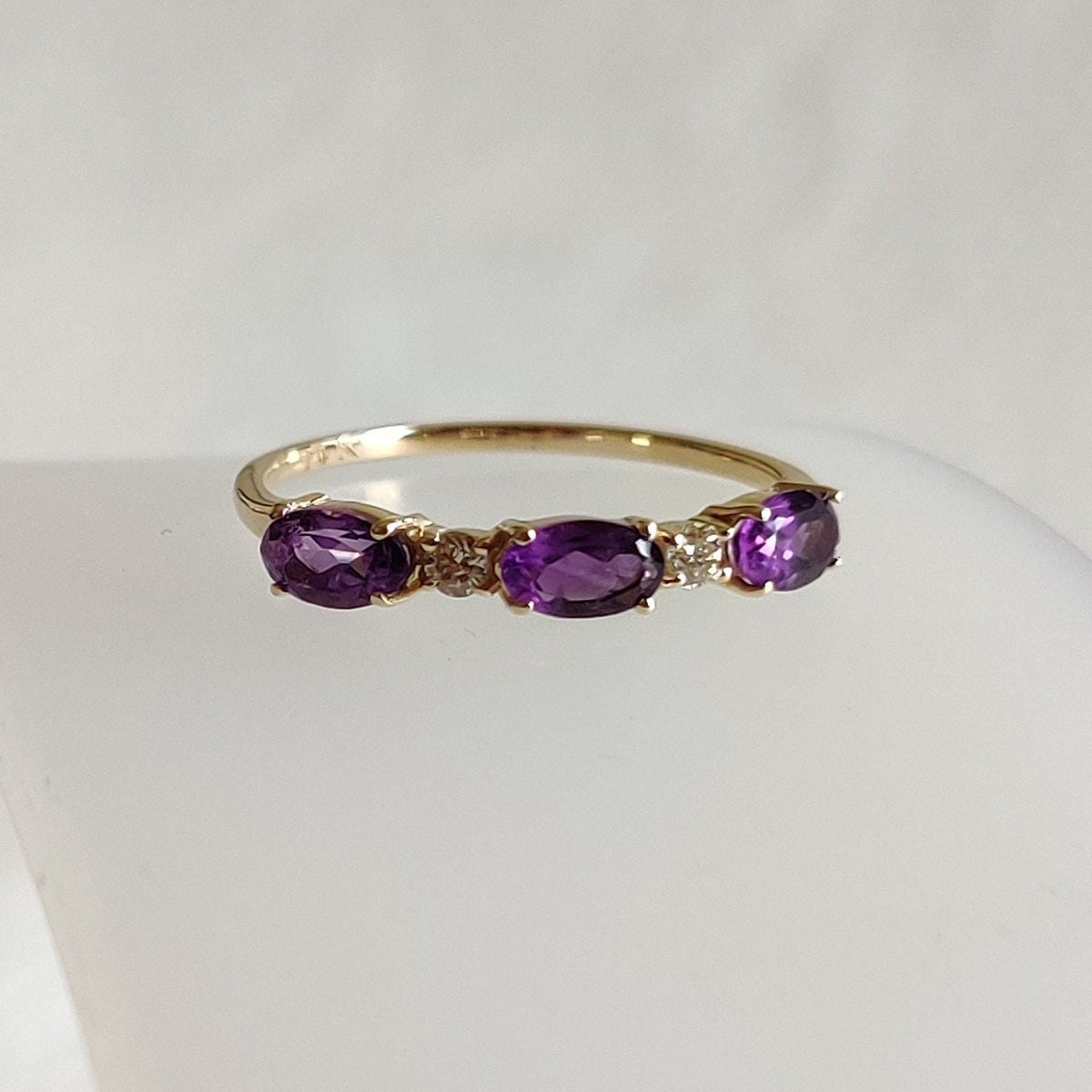 14K Solid Yellow Gold Natural Purple Amethyst & Diamond Ring, February Birthstone