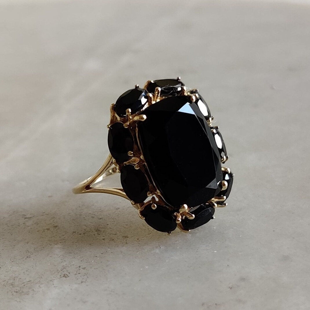 Natural Black Onyx Ring, 14K Solid Yellow Gold Black Spinel Ring, December Birthstone Ring, Cocktail Ring, Spinel Jewelry, Birthday Present