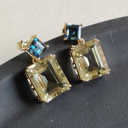 Natural London Blue Topaz & Green Amethyst Topaz Earrings, 14K Solid Yellow Gold Amethyst Earrings, Birthstone Earrings, Gold Post Earrings