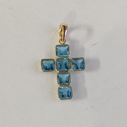 Natural Swiss Blue Topaz Cross Pendant, 14K Solid Yellow Gold Pendant, Topaz Cross Pendant, December Birthstone, Holy Cross Pendant