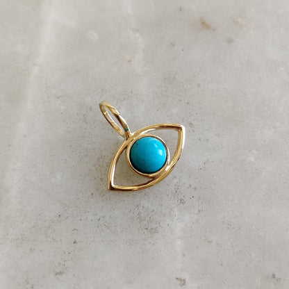 Natural Turquoise Evil Eye Pendant, 14K Solid Yellow Gold Sleeping Beauty Turquoise Pendant, Evil Eye Charm Pendant, December Birthstone