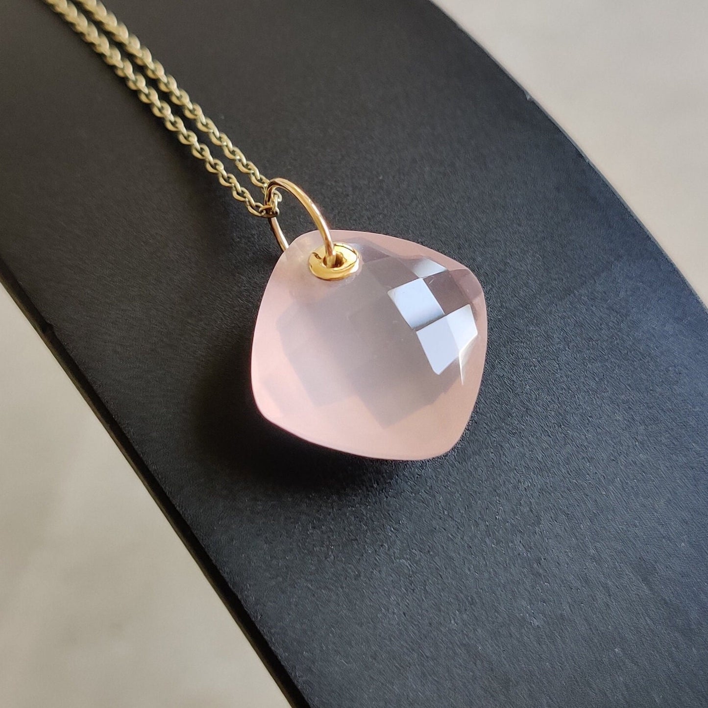 Natural Rose Quartz Pendant, Rose Quartz 14k solid Yellow Gold Pendant, Natural Rose Quartz Gold Jewelry, Drill Pendant, January Birthstone