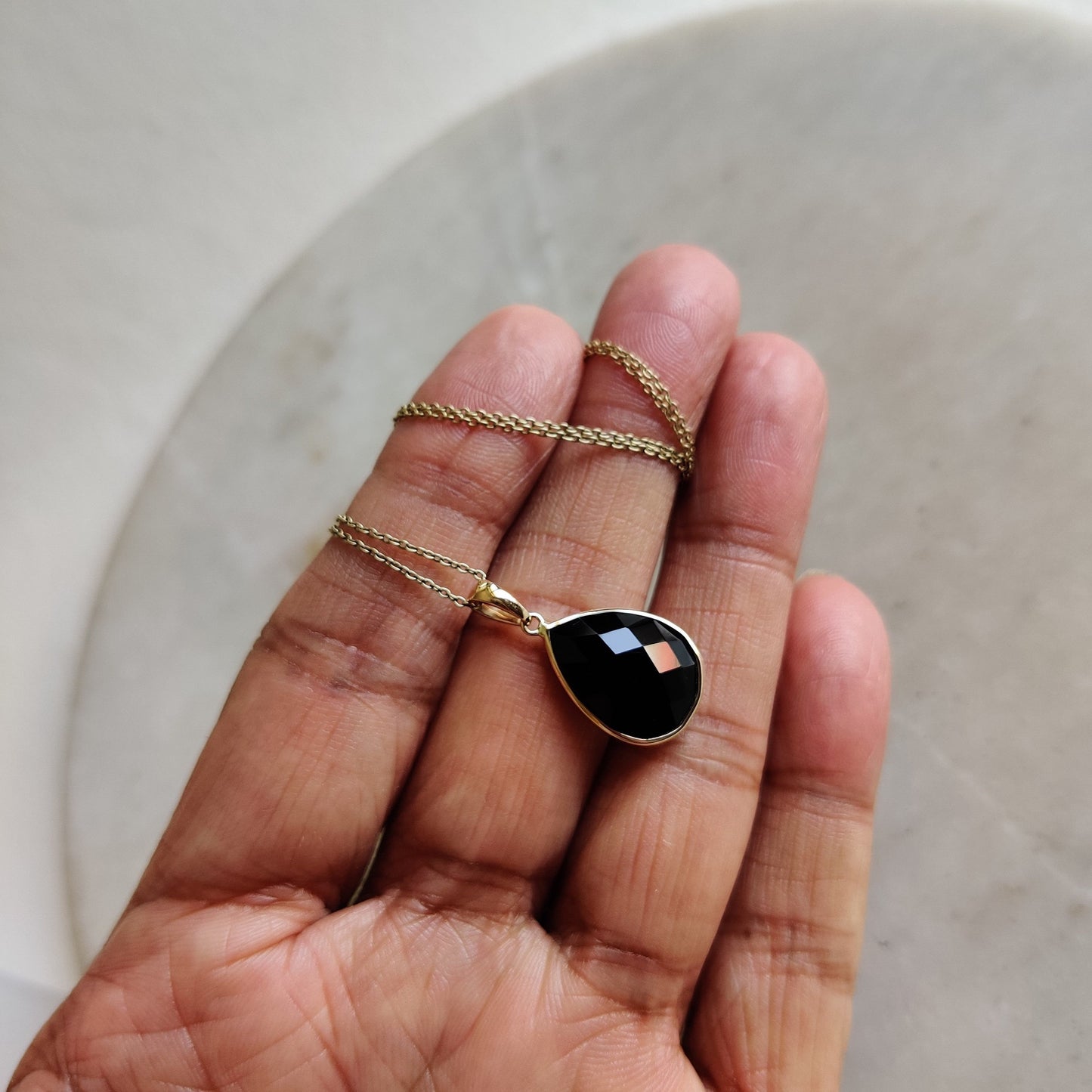 Natural Black Onyx Pendant, 14K Solid Yellow Gold Black Onyx Pendant, December Birthstone, Bezel Pendant, Checker Cut Black Onyx Pendant